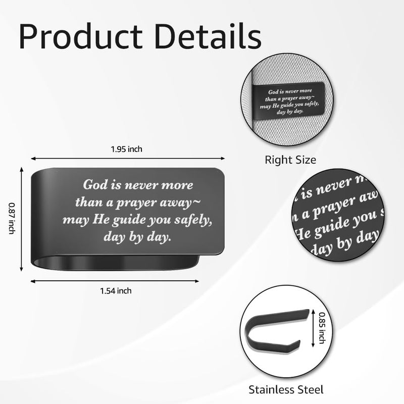 PUVOXHO God is Never More Than A Prayer Away Black Engraved Stainless Steel Car Visor Clip, Religious Visor Clips for Cars, New Driver Gifts, Safety Prayer Thank You Gifts for Dad Mom Family Friend - Image 2